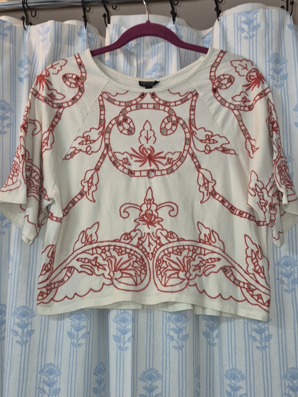 Topshop Embroidered Cut-out 3/4 Sleeve Cropped Red & Cream Top Sz 2